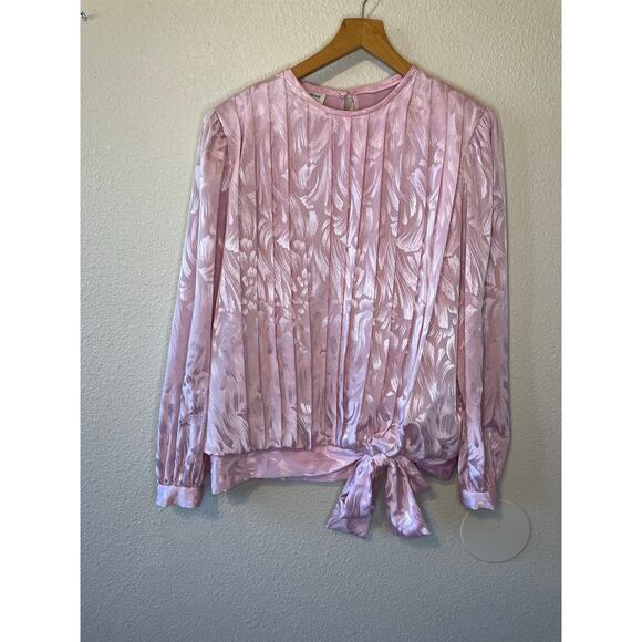 VTG In The Mood Pleated Long Sleeve Brocade Silky Pink Grandma Core Blouse 10 - Picture 12 of 12